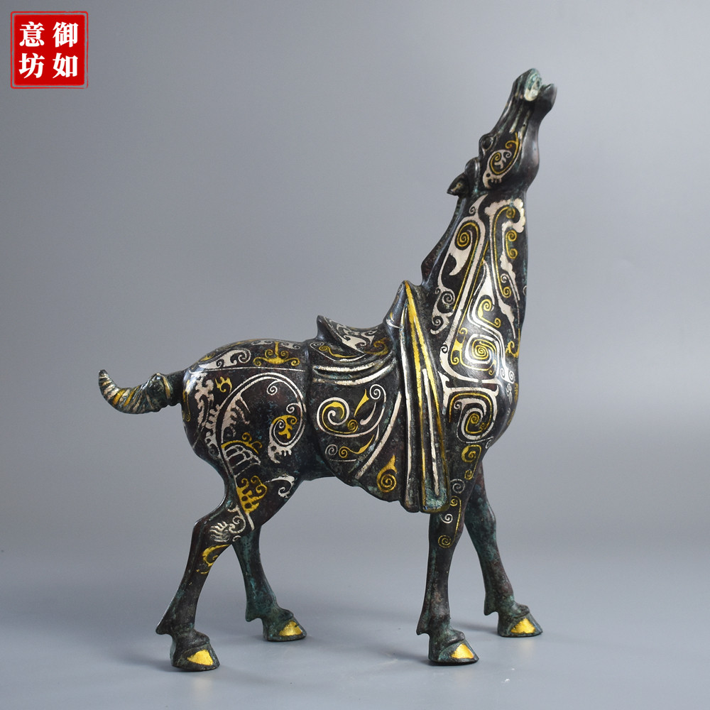 仿古错金银啸天马摆件客厅办公室铜马复古做旧青铜器乔迁开业礼品