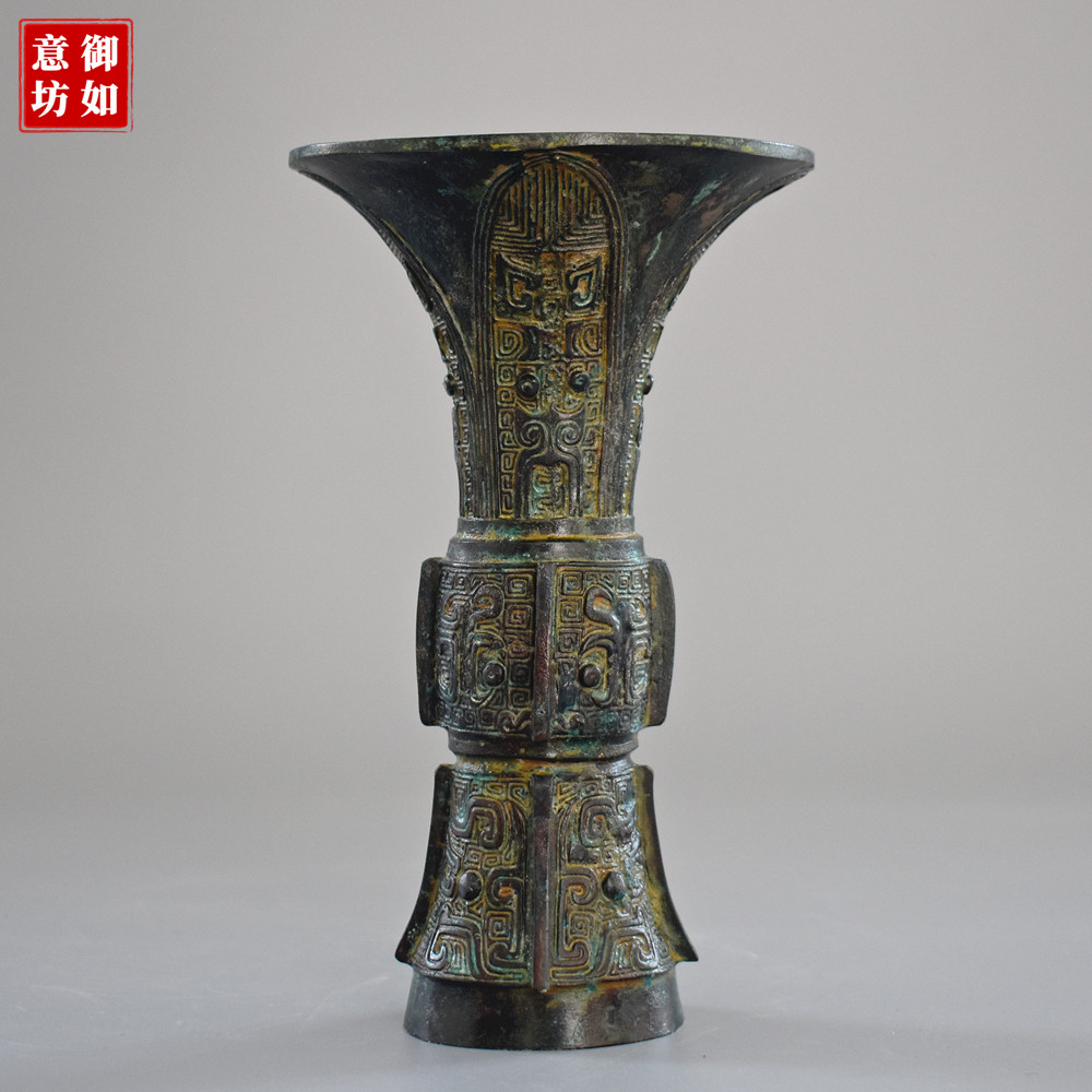 商周青铜觚仿古青铜器兽面纹酒器礼器纯铜摆件中式古典博古架装饰