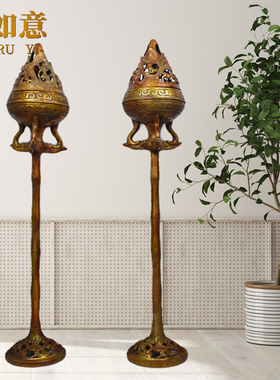 仿古青铜器西汉博山炉竹节熏炉鎏金锈大落地摆件复古家居影视道具