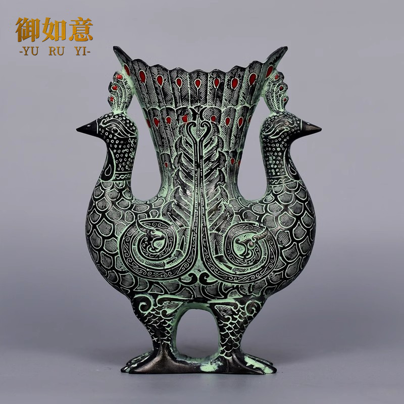 仿古青铜摆件青铜双凤杯酒樽吉祥鸟尊花瓶古玩装饰工艺品花插笔筒