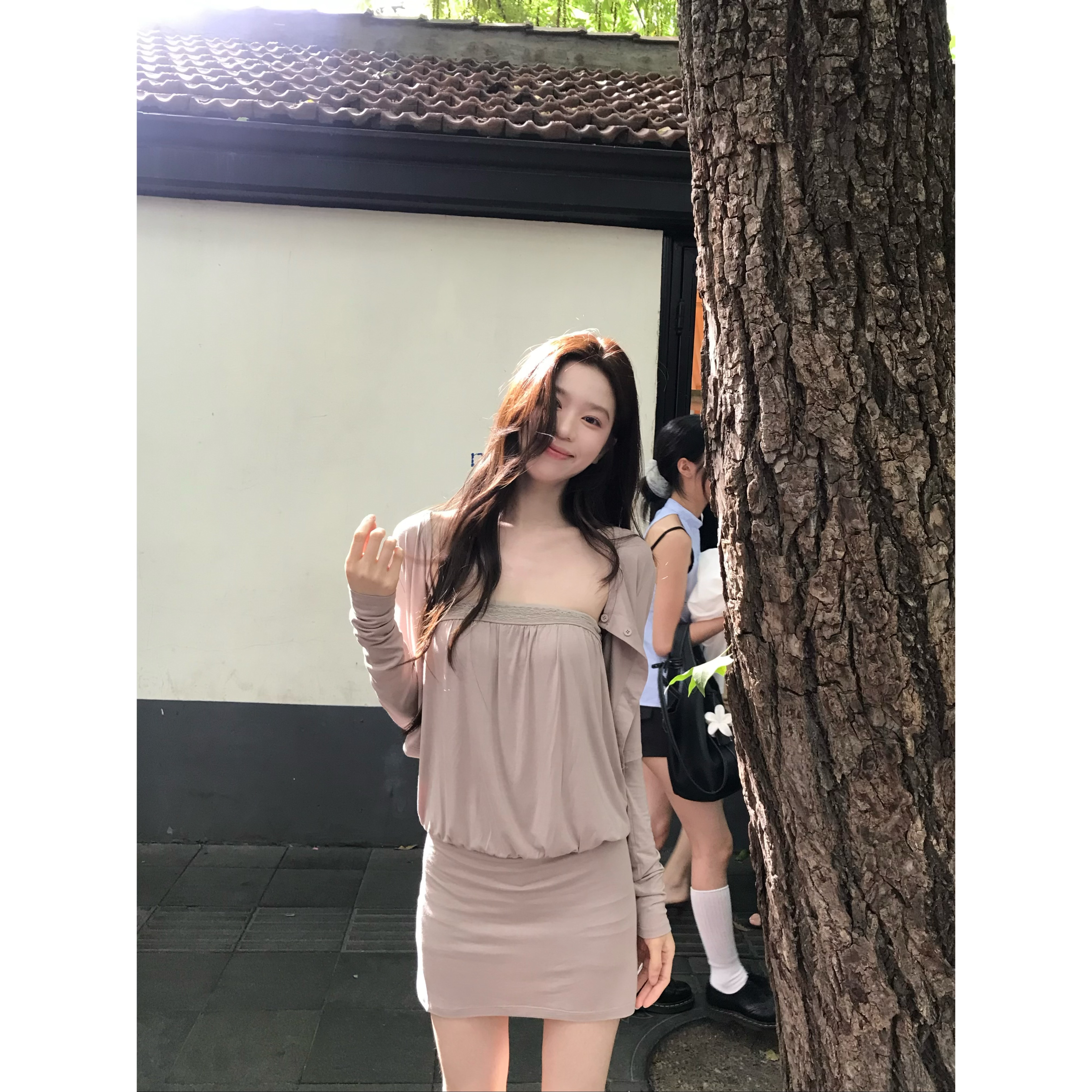 喵喵 法式纯欲风抹胸收腰连衣裙+开衫两件套女夏季