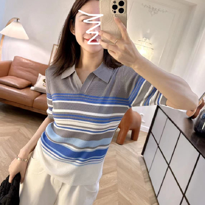 东莞大朗POLO领条纹短袖冰丝毛衣女不起球打底针织衫短款翻领上衣