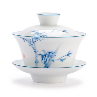 甜白瓷手绘三才盖碗大号单个功夫泡茶杯茶碗景德镇陶瓷茶具三炮台