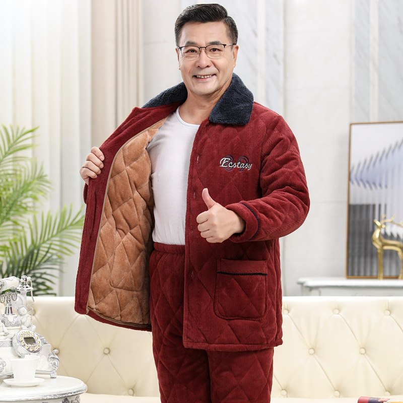 睡衣男士秋冬季加绒加厚珊瑚绒三层超厚夹棉本命年保暖家居服套装