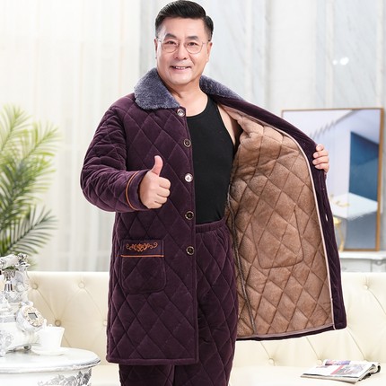 男士中年爸爸睡衣冬季珊瑚绒夹棉老人冬天加厚加绒保暖长款家居服