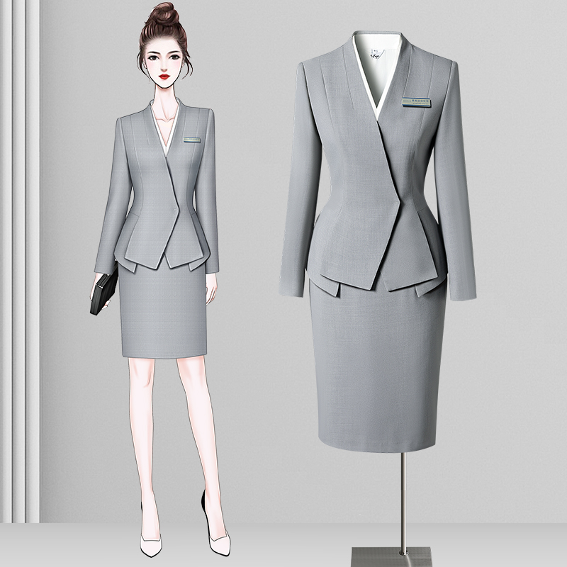 高端灰色西装套装女春秋酒店物业经理教师职业装珠宝店工作服套裙