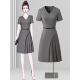 工作服 v领职业气质百褶收腰a字裙子女夏季 灰色短袖 连衣裙2025新款
