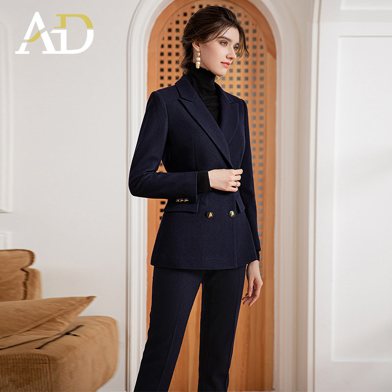 AD2023冬季高档羊毛西装两件套藏青色职业通勤西装裤干练套装女