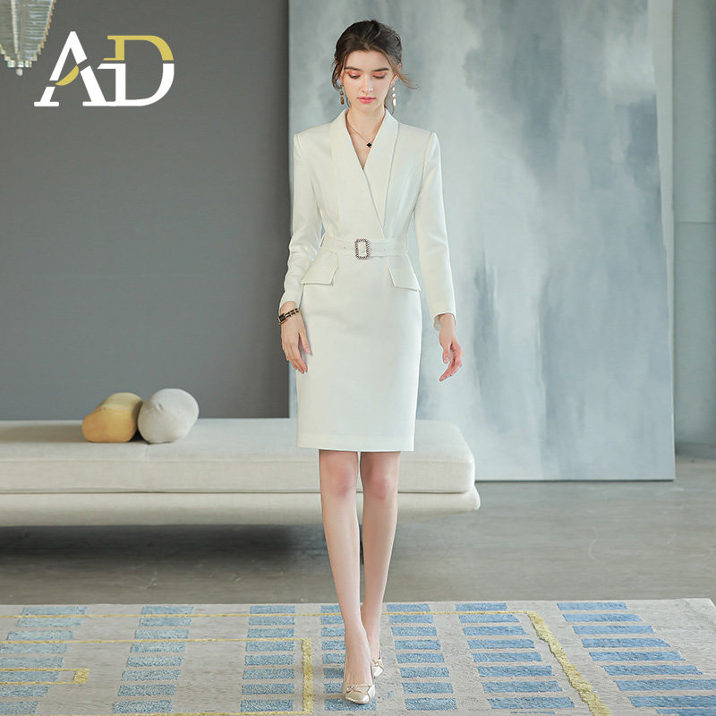 AD高级感白色连衣裙女职业装收腰显瘦西服裙经理主持人教师工作服