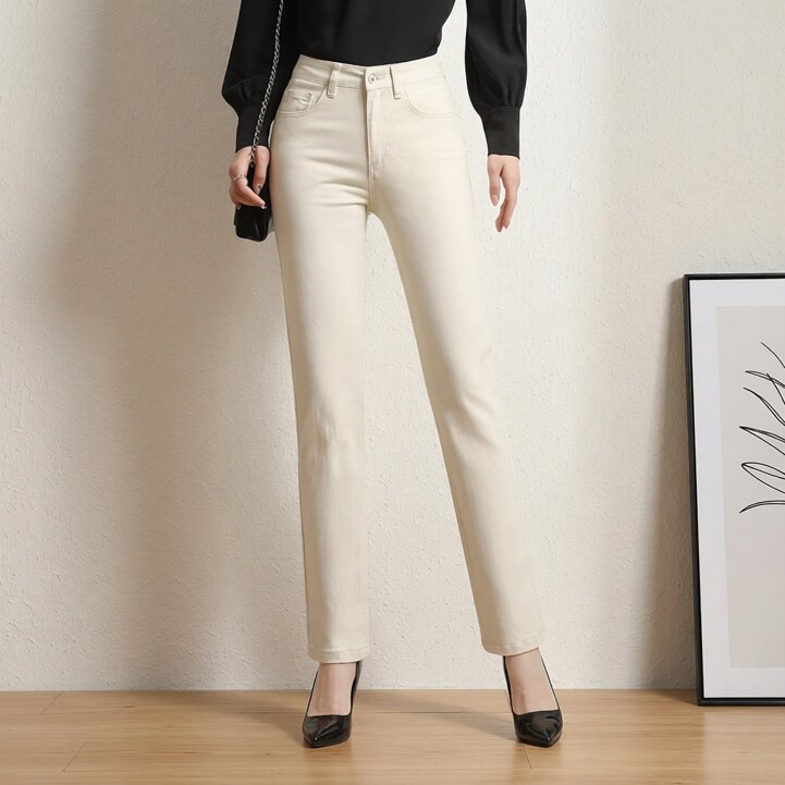 2026春季牛仔裤女直筒宽松长裤高腰显瘦烟管裤大码西装米色休闲裤