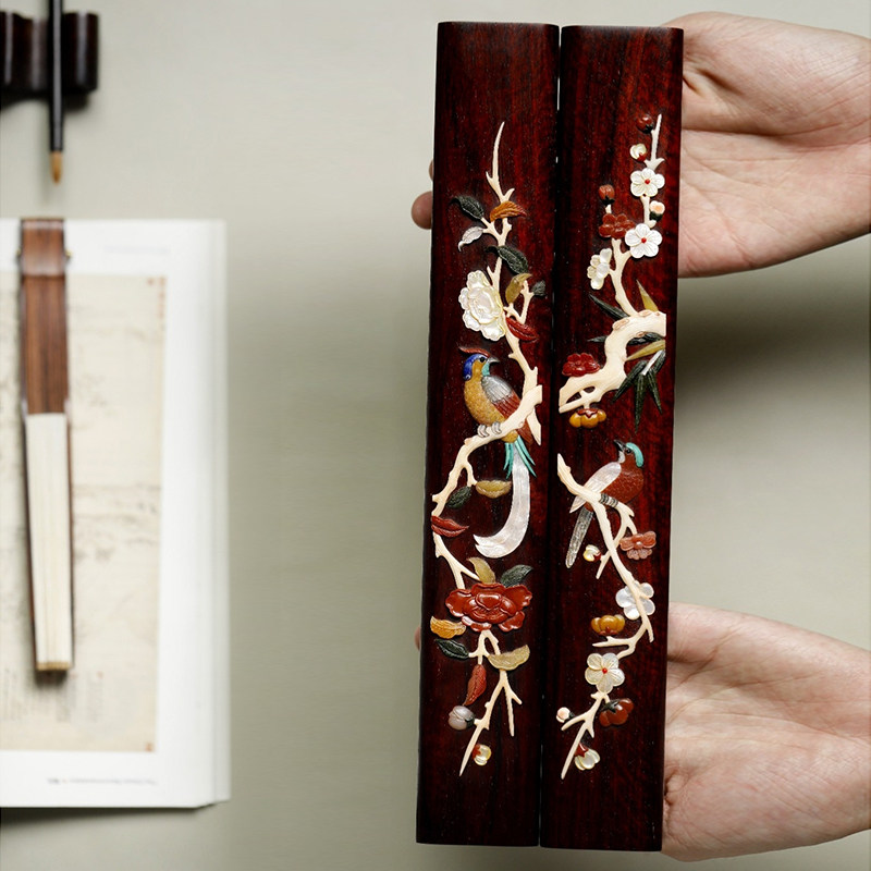 小叶紫檀百宝嵌镇纸书法压尺文艺镇尺实木质高密手工红木文房四宝