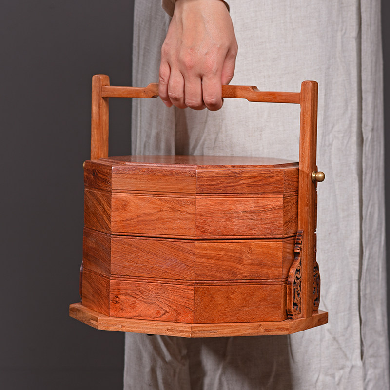缅甸花梨木三层食盒手提篮多层大容量红木中式复古实木点心盒提盒