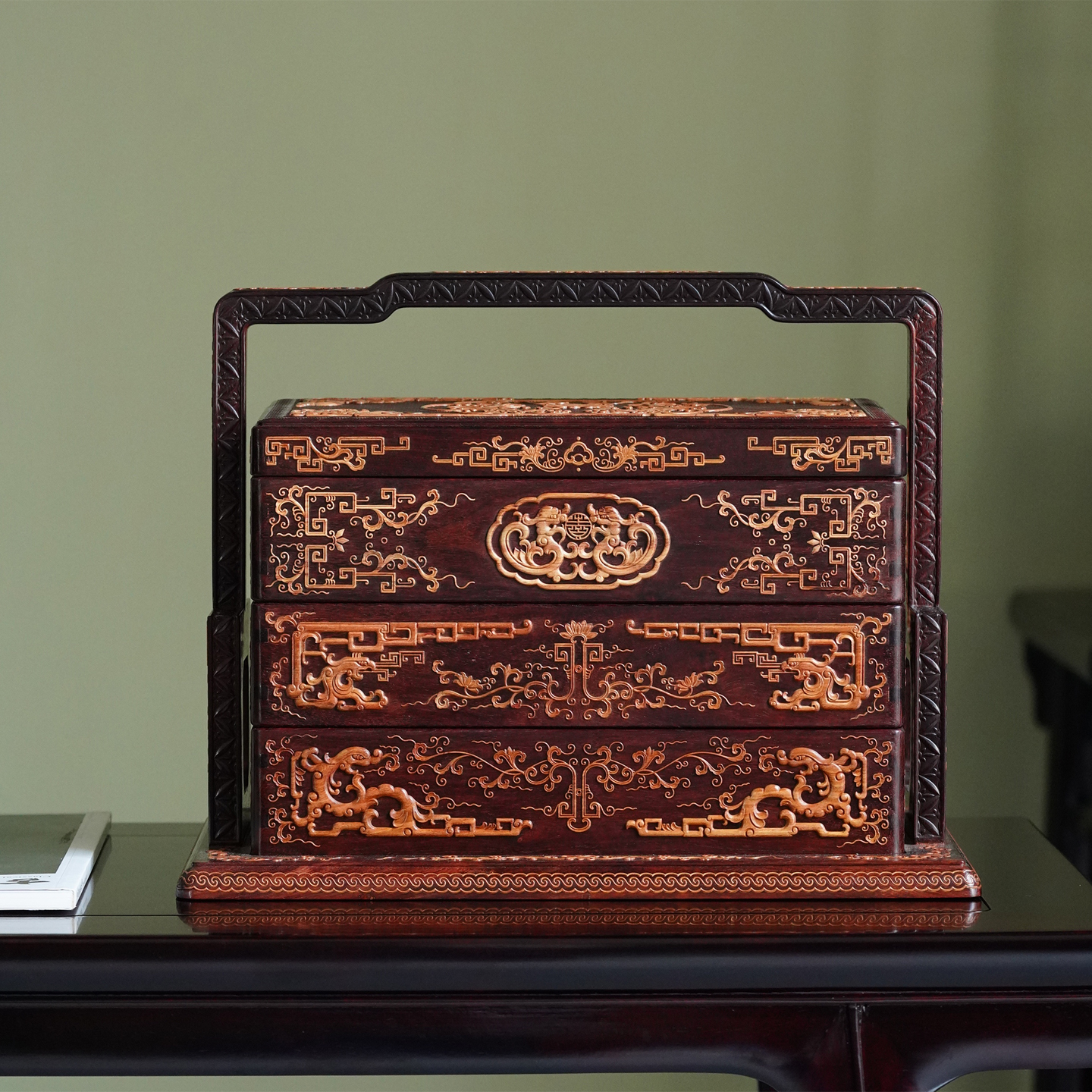 紫檀嵌黄花梨中式古典红木干果盘多层提盒收纳盒实木客厅家用果篮