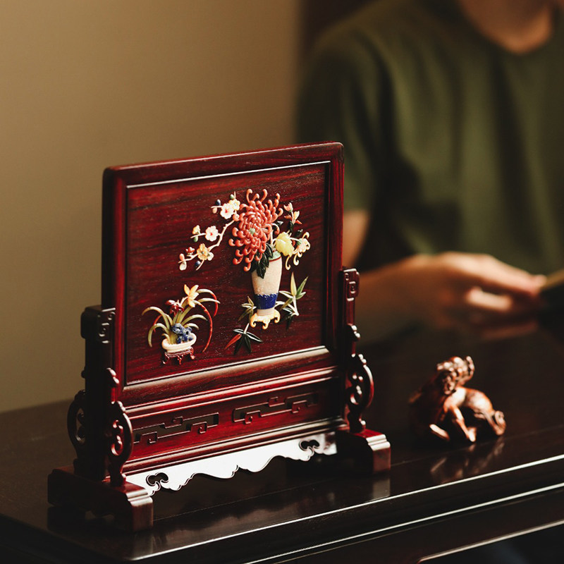 小叶紫檀百宝嵌明式台屏中式实木质中堂玄关家居屏风摆件插屏隔断