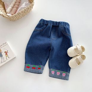 女童时尚牛仔裤0-6岁春秋季女宝宝刺绣樱桃休闲裤儿童春款裤子潮
