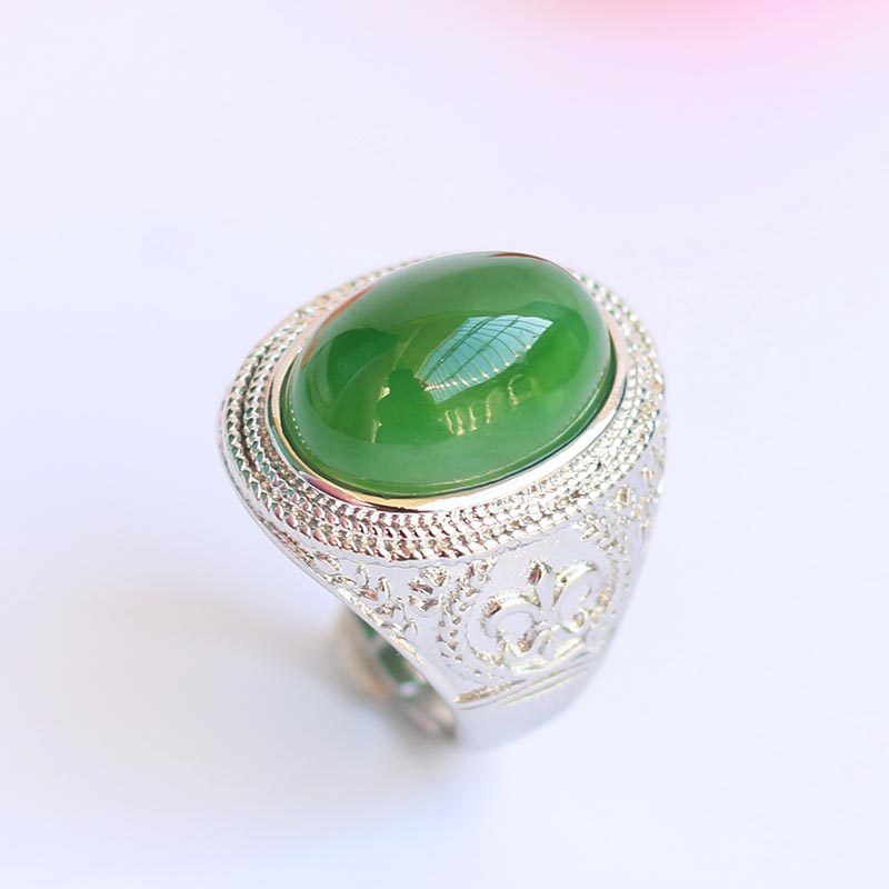 玉戒指 和田玉戒指 和田碧玉镶嵌925银玉戒指男款玉石玉指环