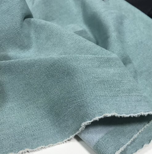 高端牛仔裤布料丹宁浅绿色中厚四面弹水洗意大利复古怀旧日本进口