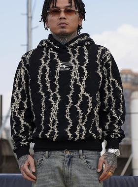 TGFCLUB 美式街头嘻哈荆棘满印刺绣修身连帽套头卫衣