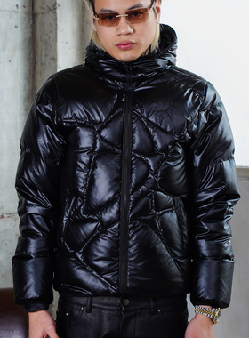 TGFCLUB 美式街头drill不规则分区90鸭绒连帽修身亮面基础羽绒服