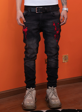 TGFCLUB 美式街头潮牌血迹立体刺绣弹力水洗破洞修身小脚牛仔裤