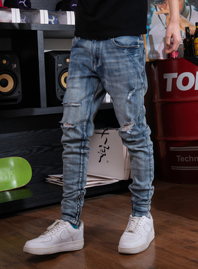 TGFCLUB 美式街头rapper潮牌基础百搭弹力水洗破洞修身小脚牛仔裤