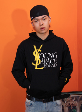 TGFCLUB 美式街头嘻哈印花YOUNG SAVAGE LEGEND恶搞套头连帽卫衣