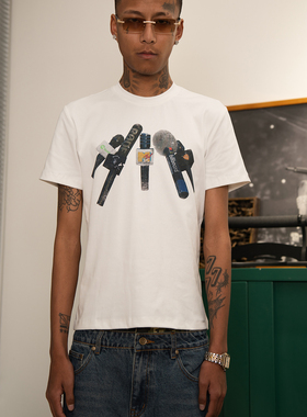 TGFCLUB美式街头潮牌嘻哈RapStar弹力修身采访话筒印花t恤短袖