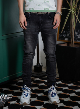 TGFCLUB 美式街头嘻哈基础百搭弹力刀割破洞修身小脚水洗牛仔裤