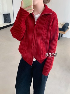 复古韩系线衫 2025冬季 针织开衫 重工绞花麻花立领双拉链显瘦插肩袖