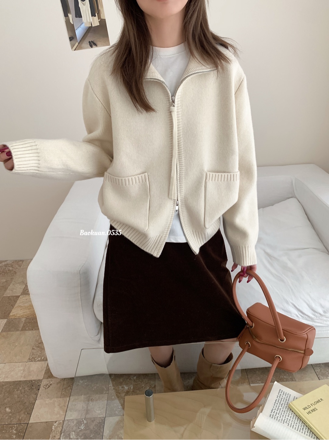 宽松大口袋立领双拉链插肩袖净版叠穿针织衫外套女2025秋冬款线衫