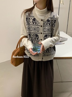 马甲 韩系休闲百搭针织衫 复古民族风小象提花圆领无袖 马夹秋冬新款