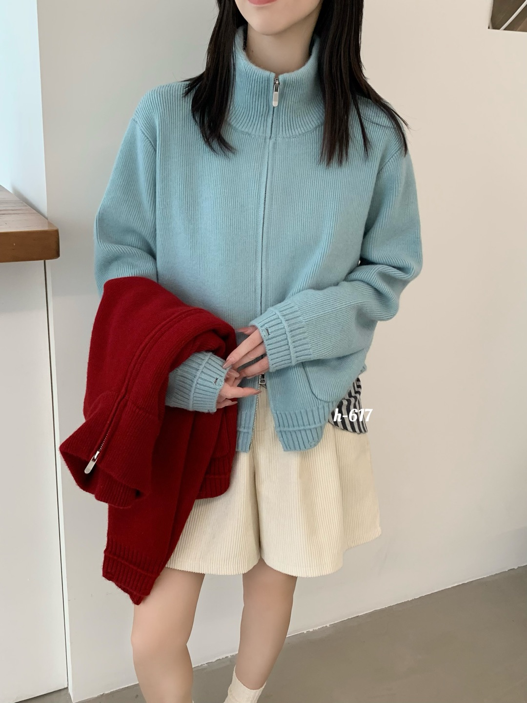 宽松大口袋立领双拉链插肩袖净版叠穿针织衫外套女2025秋冬款线衫