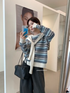 秋冬新款女韩版宽松时尚学院条纹披肩针织衫百搭休闲套头毛衣外套