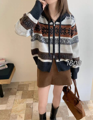 费尔岛提花针织拉链开衫女2025秋冬新款宽松慵懒风毛衣外套上衣潮