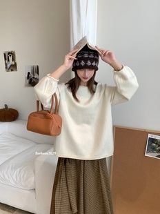 百搭休闲保暖毛衣打底衫 秋冬新款 圆领卷边针织线衫 宽松时尚 女韩版