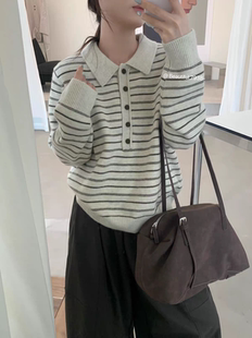 秋冬新款女韩版宽松时尚条纹翻领软糯套头针织衫百搭休闲毛衣外套