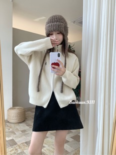 韩系刺绣圣诞树甜美可爱风毛衣秋冬新款立领双拉链厚实针织衫外套