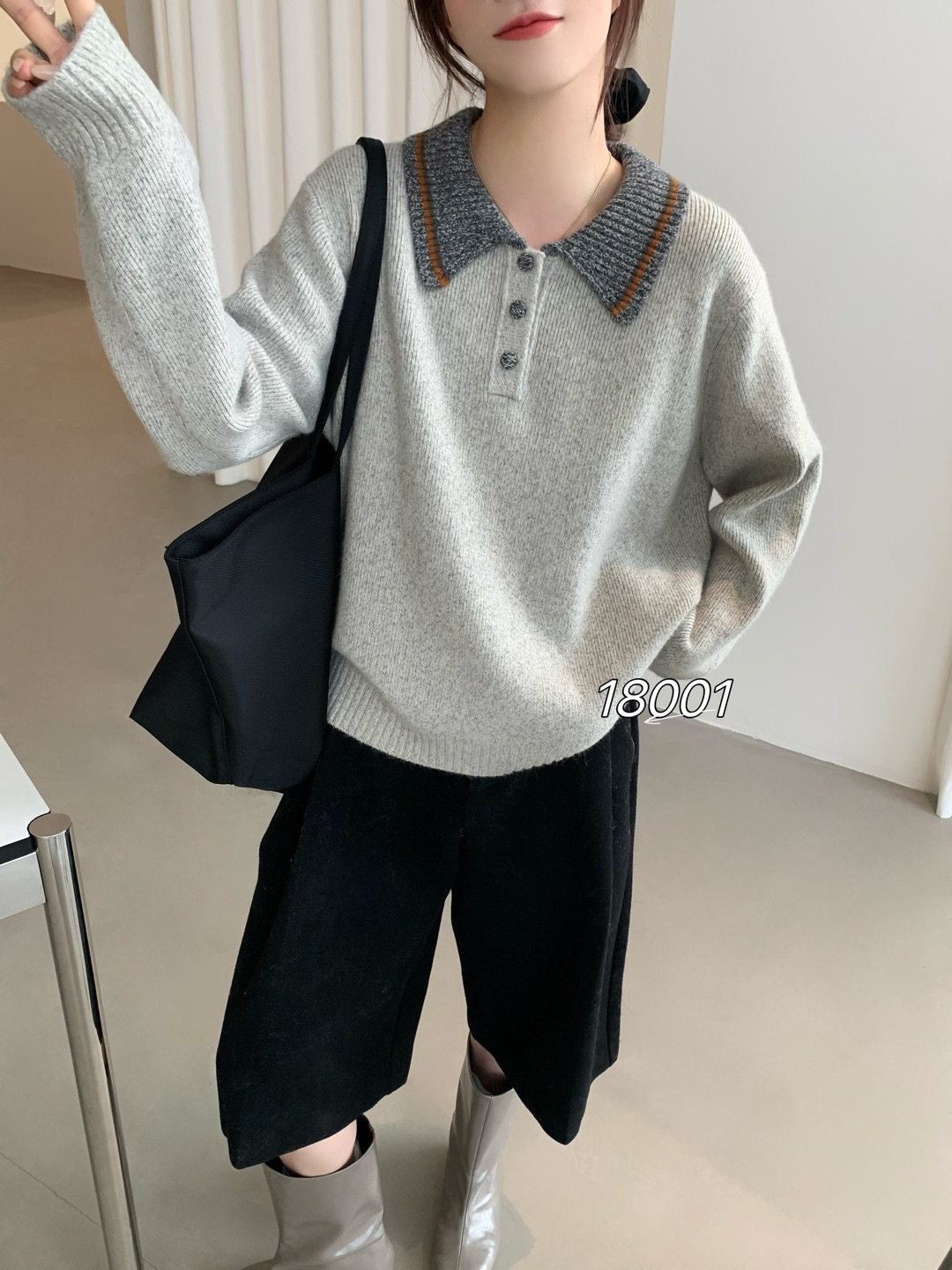 韩式撞色翻领三粒扣套头针织衫时尚气质百搭通勤洋气花线复古毛衣