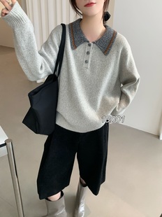 气质百搭通勤洋气花线复古毛衣 时尚 韩式 撞色翻领三粒扣套头针织衫