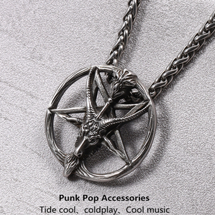 ins挂件复古倒五芒星撒旦公羊男士项链钛钢吊坠嘻哈挂链摇滚朋克