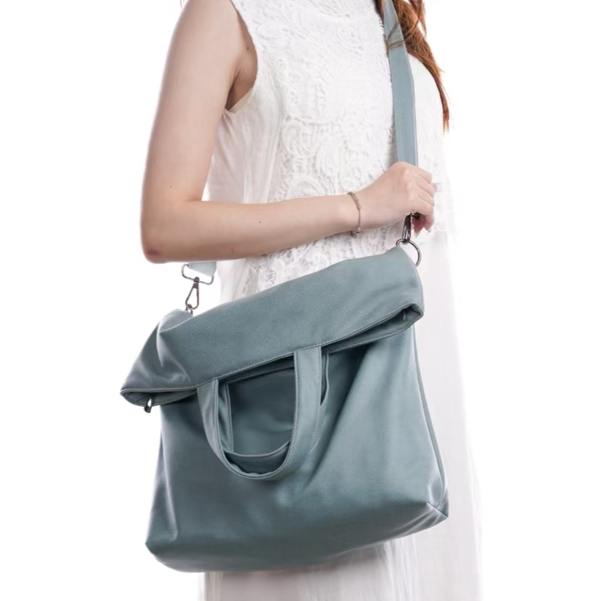 无则艺【折叠包】科技布石蓝色时尚休闲单肩斜挎文艺双带折叠包