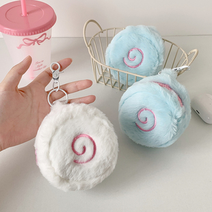 卡通日系鱼饼毛绒零钱包学生挂件耳机包圆形蛋糕包少女数据线包包