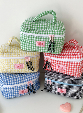 韩版少女小清新格子手提化妆包绗缝爱心大容量护肤品收纳包洗漱包