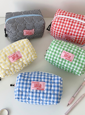 韩版爱心糖果色格子化妆包少女便携护肤品收纳包学生旅行洗漱包