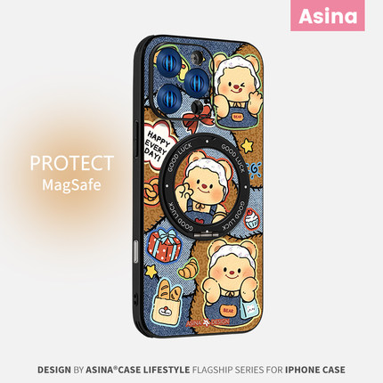 牛仔黄油小熊适用苹果16Promax手机壳新款ip15磁吸带支架iPhone16Pro保护套支点14高级Ho3可爱创意13pm全包