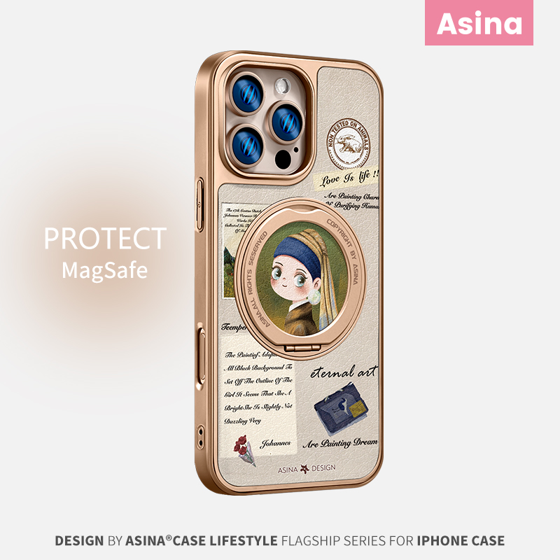珍珠少女适用iPhone16Promax手机壳新款苹果15Pro磁吸带支架保护套支点ip14网红高级沙漠金小众13pm全包秋冬