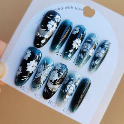 可定制甲型猫眼细闪花朵穿戴甲纯手工高级感可拆卸美甲指甲贴片