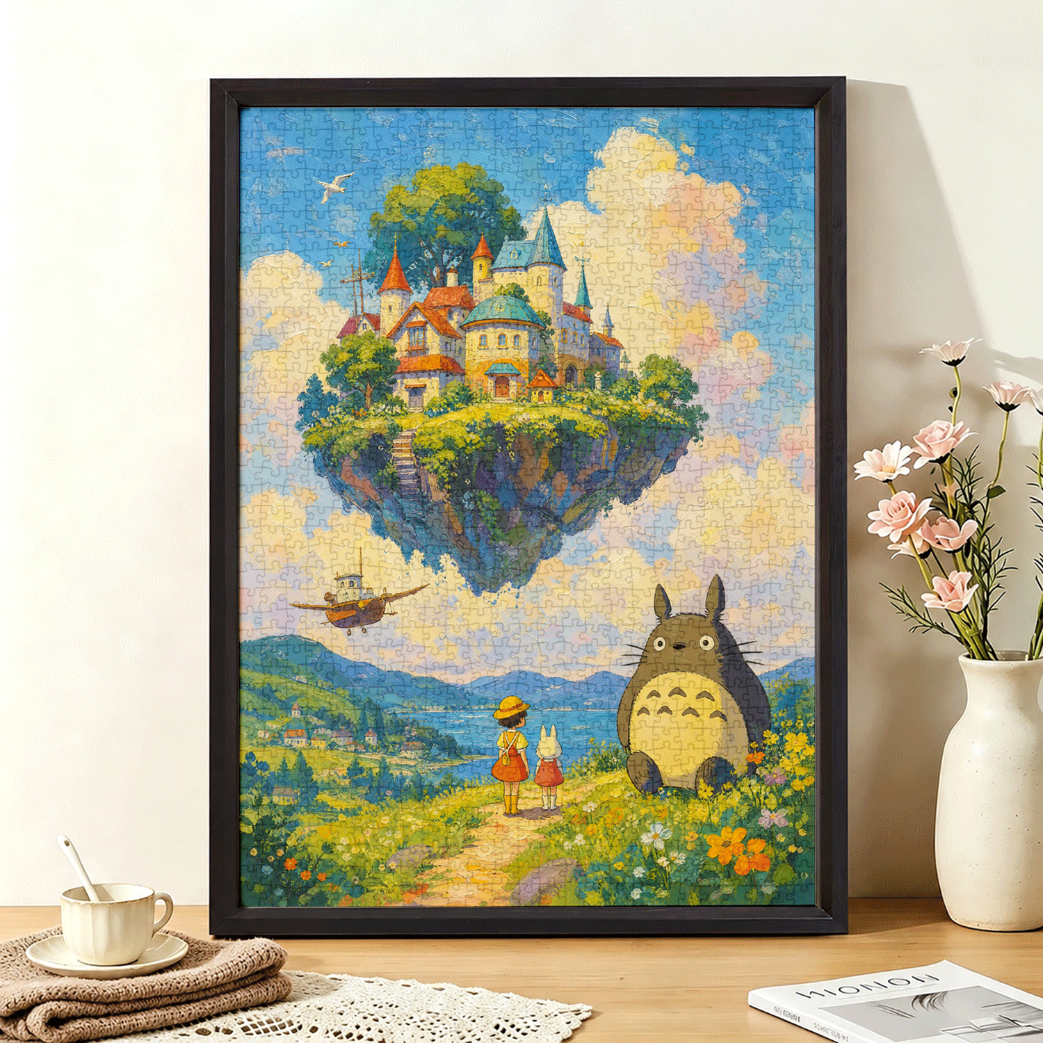 龙猫浮空城堡成人拼图1000片蓝卡带相框装饰画风景解压治愈系