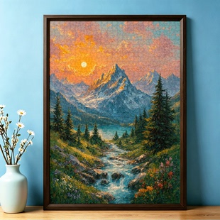 大型成人拼图1000片蓝卡带相框装饰画解压治愈系雪山溪湖日落景