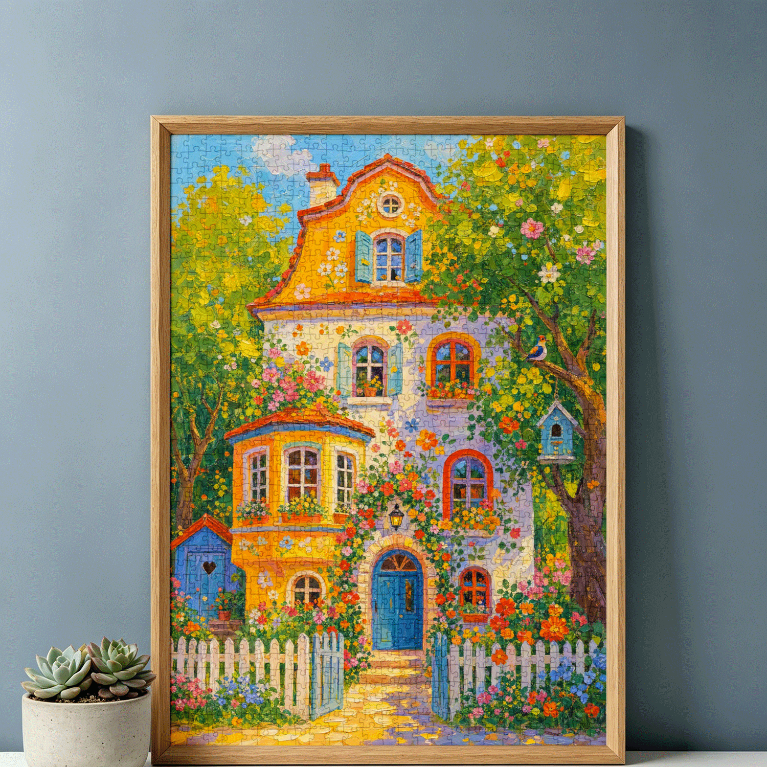 繁花童话小屋成人拼图1000片蓝卡带相框装饰画风景解压治愈系